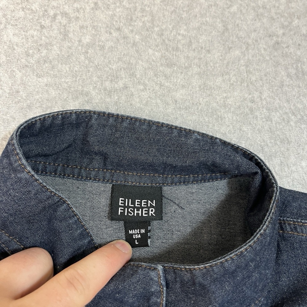 Eileen Fisher Jacket Womens Large Blue Denim Snap Mandarin Collar Dark Cotton - Picture 4 of 10